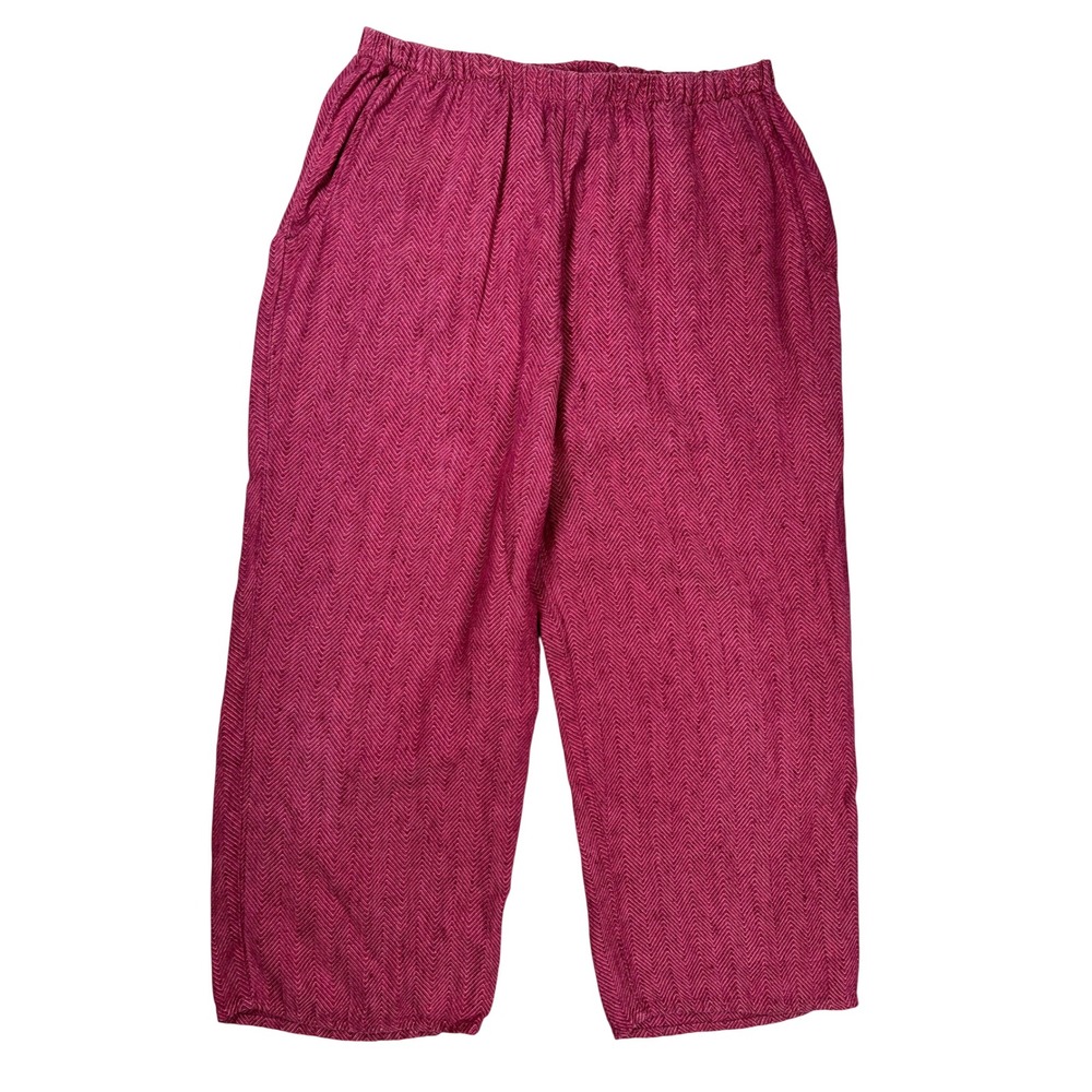 Flax Linen Wide Leg Pants Women Small Berry Pink Herringbone Lagenlook Relaxed